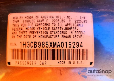 1991 Honda Accord Lx from USA, damaged, VIN 1HGCB985XMA015294
